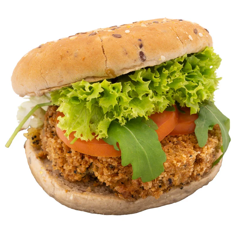 Bio-Quinoa Burger mit hausgemachter Bratling (Bio-Quinoa, Kichererbsen, Petersilie), Rucola, Orangen-Senf-Sauce