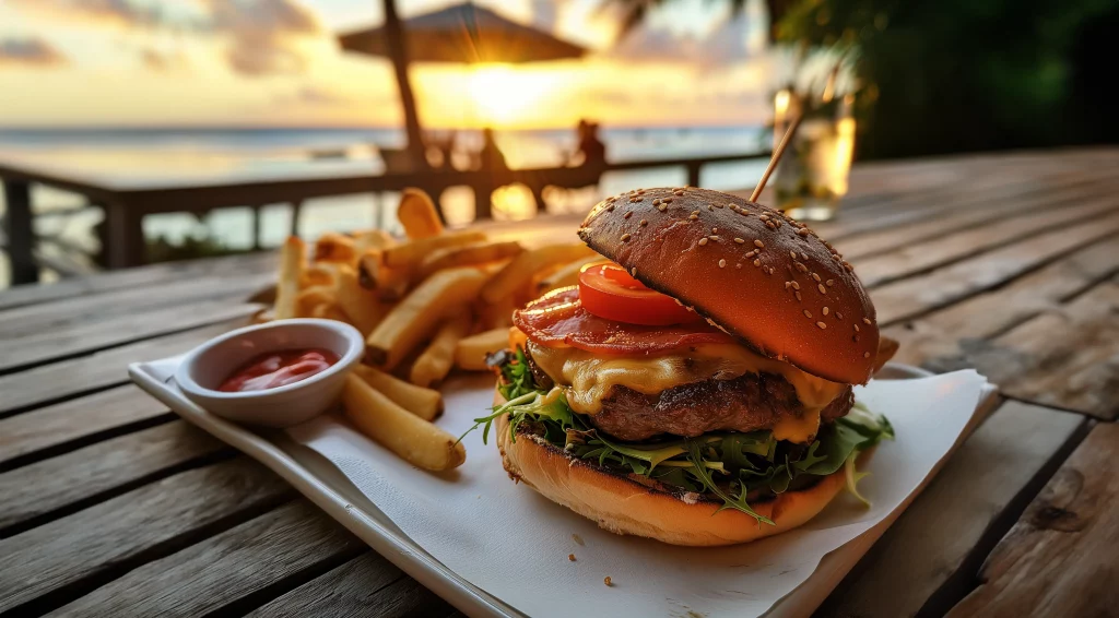 Ein Burger im Urlaub am Meer.