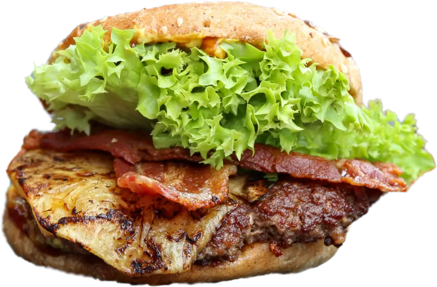 Monatsburger Juli 2024: Clarissa - mit Rindfleischpatti, gegrillter Ananas, Bacon, BBQ-Soße und Salat