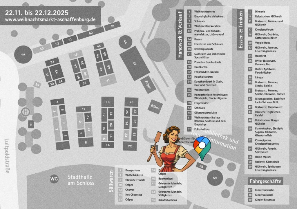 Lageplan des Weihnachtsmarkts Aschaffenburg am Schlossplatz mit dem Stand der Raclette Tante vor der Stadtbibliothek